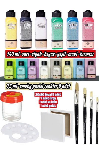 Acrylic Paint Starter Kit 20X20 Canvas 5 Pieces 4 Brushes 1 Water Cup 1 Piece and Paints