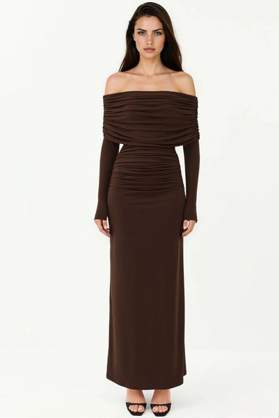 Off-Shoulder Draped Fitted Sandy Long Dress