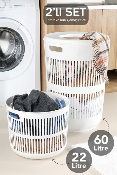 Solara Laundry Basket Set of 2 - 60 Lt Dirty Laundry Basket with Lid Detail, 22 Lt Laundry Basket White
