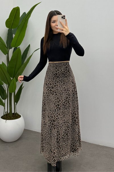 Women's Brown Dot Leopard Printed Tulle Skirt with Back Elastic Detail and Zipper
