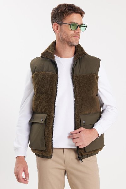 Men's Regular Fit Classic Cut Fur Detailed Mock Neck Double Pockets Warm Dark Green Vest