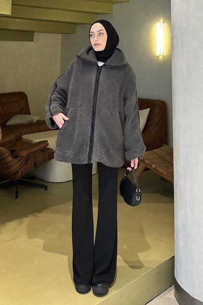 Tedy Plush Coat with Piping Detail Anthracite