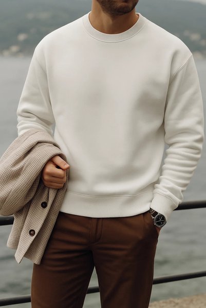 Men's Thick Crew Neck Casual White Sweater