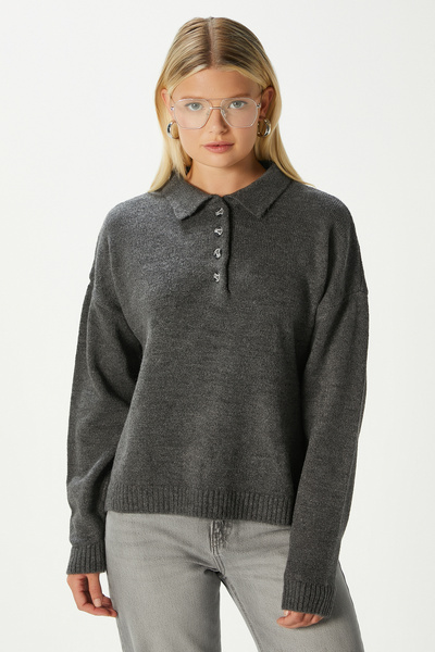 Women's Otto Soft Textured Pola Collar Anthracite Sweater