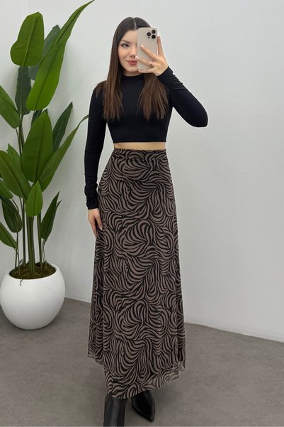 Women's Brown Wave Zebra Printed Maxi Tulle Skirt with Back Elastic Detail and Zipper