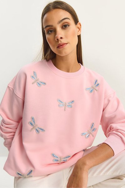 Women's Candy Pink Crew Neck Hummingbird Stone Embroidered Relaxed Sweatshirt 1558 60283660