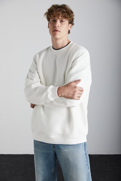 Stephan Men's Soft Fabric Organic Cotton Oversize Fit Round Neck Ecru Sweatshirt