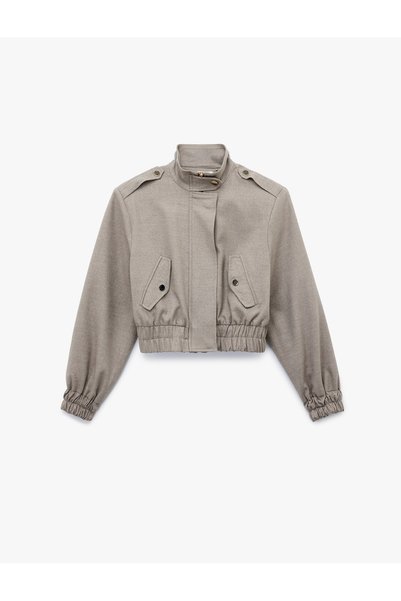 Mock Neck Long Sleeve Snap Button Detail Zipper Bomber Jacket
