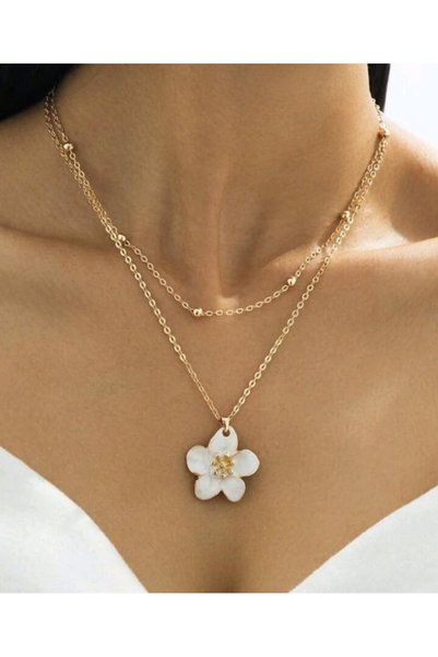 Women's Gold Double Row Ecru Flower Necklace