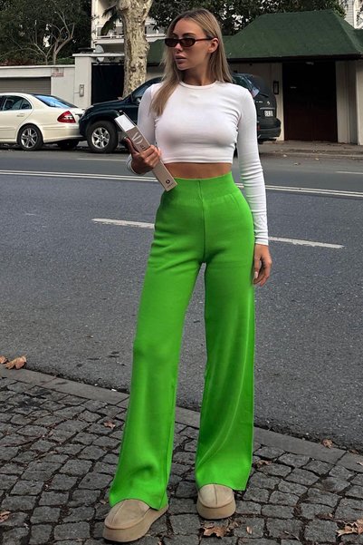 Grass Green High-Waisted Elastic Waist Women’s Knit Pants