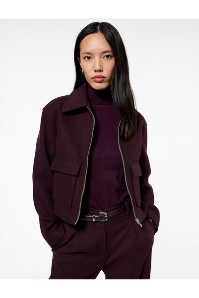 Long Sleeve Pocketed Zippered Short Cashmere Coat