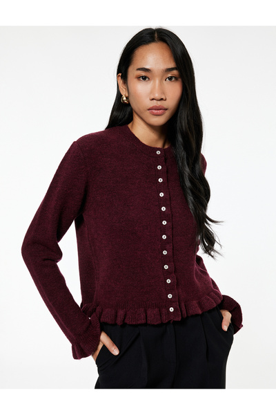 Ruffle Detailed Long Sleeve Crew Neck Knitwear Cardigan