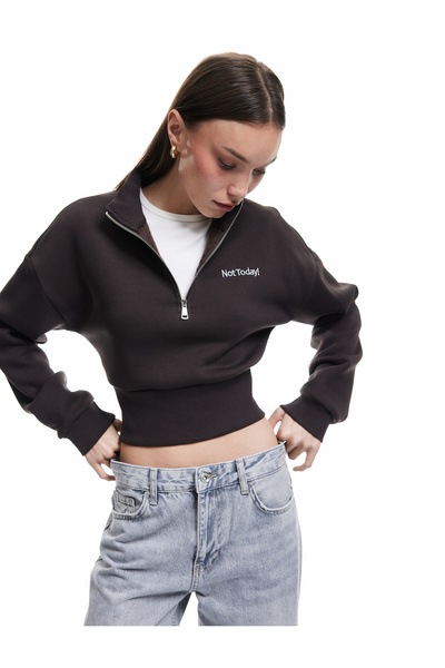 Cotton Half Zipper Hooded Printed Crop Sweatshirt