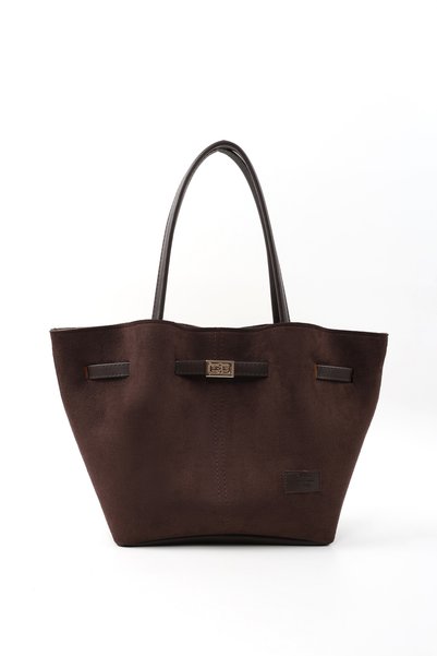 Brown Suede Shk159 Faux Leather, Lined, Snap Fastener, Lock Detail Hand, Arm and Shoulder Bag