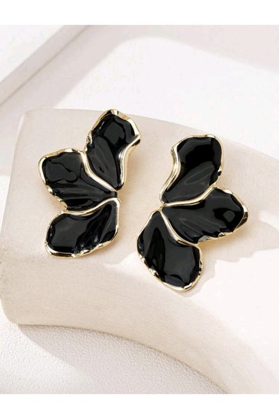Women's Gold Black Enamel Crown Petal Flower Earrings