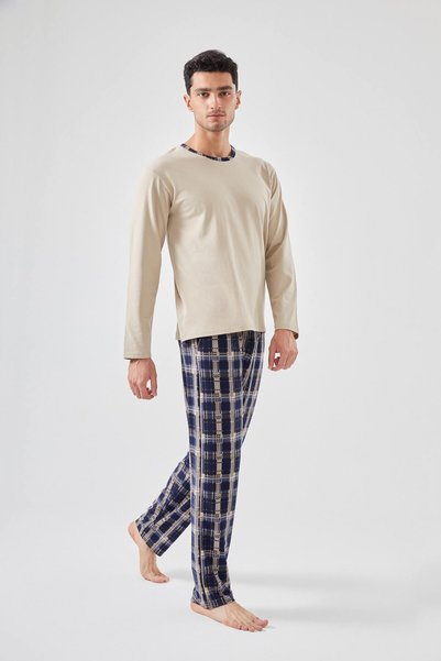 Men's Cotton Long Sleeve Plaid Pattern Pajama Set with Pockets