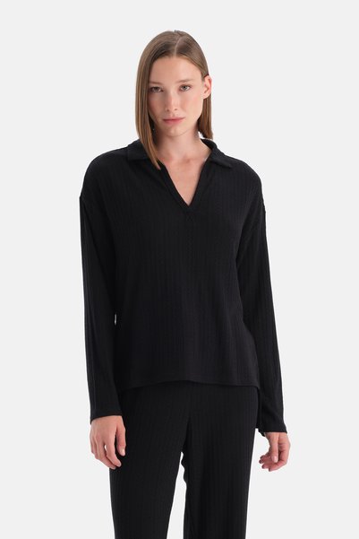 Black Knitted Detailed Polo Neck T-Shirt