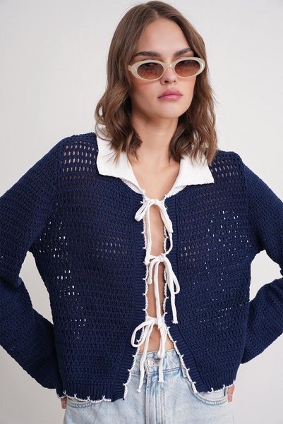 Women's Openwork Knitted Cardigan Navy Blue 6945