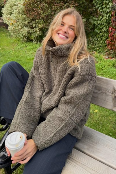 Khaki Double Zipper Women's Plush Coat Mg2556