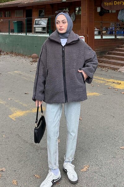 Piping Detailed Tedy Plush Coat Smoked