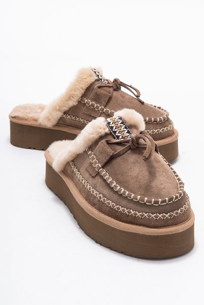 YALINA Sand Suede Genuine Leather Stitched Furry Women's Platform Moccasin Slippers