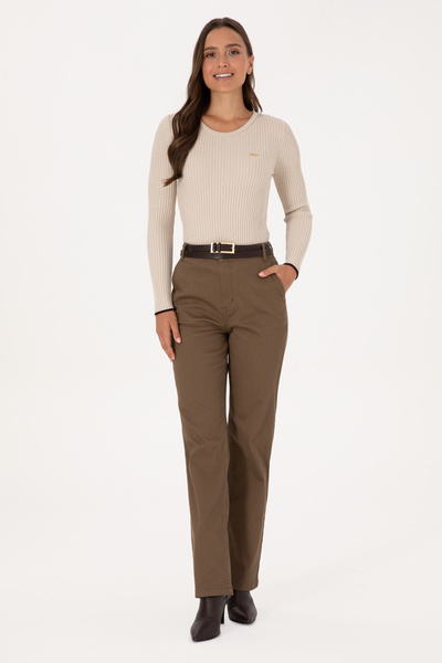 Women's Khaki Straight Fit Canvas Trousers 50316895-Vr027