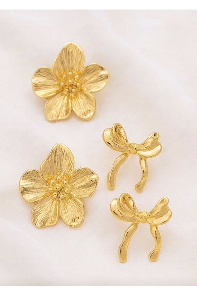 Kadın Gold Çiçek ve Fiyonk Model Küpe 2 Çift