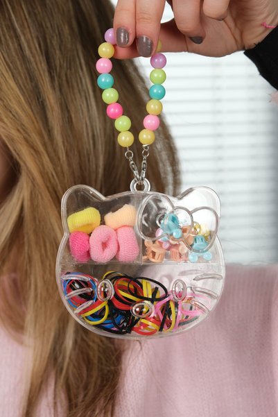 Hello Kitty Designed Colorful Buckle Set with Bead Strap and Transparent Box