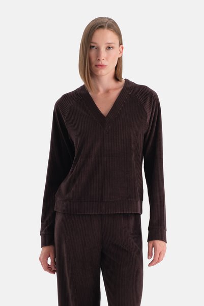 Dark Brown V-Neck Long Sleeve Velvet Sweatshirt