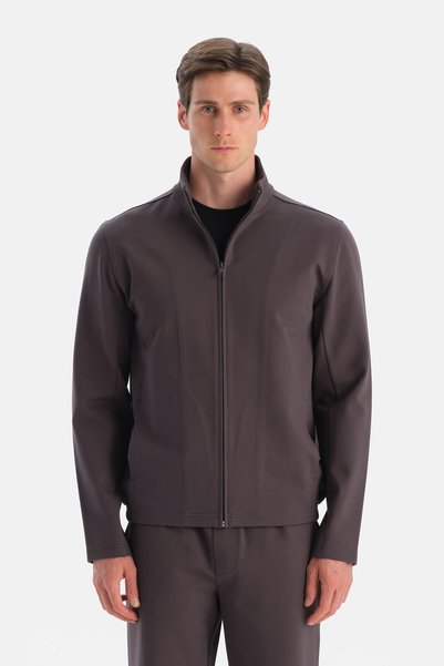 Black Zippered Stand Collar Sweatshirt