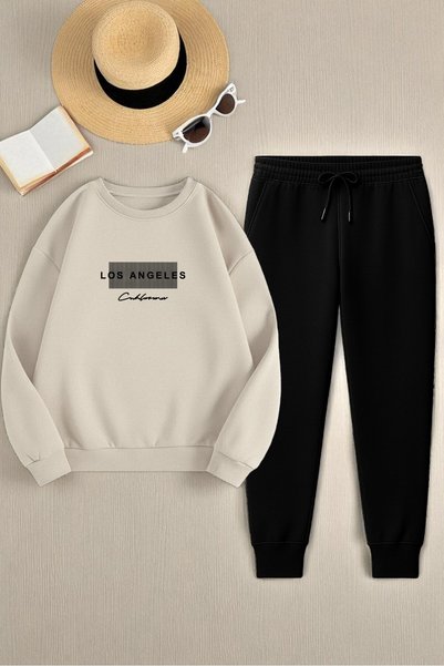 Unisex Los Angeles Printed Oversize Crew Neck Sweatshirt 2-Piece Tracksuit Set