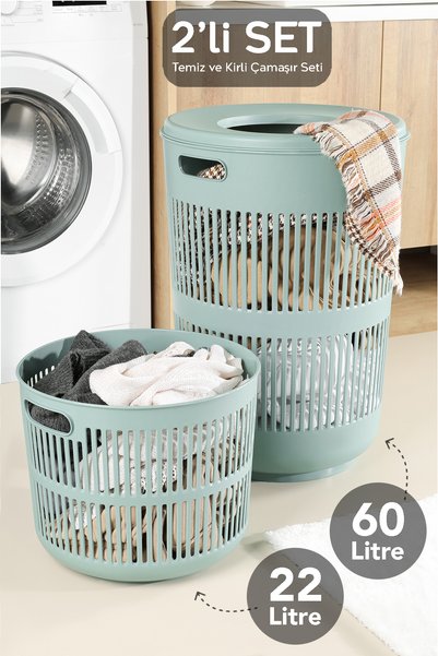 Solara Laundry Basket Set of 2 - 60 Lt Dirty Laundry Basket with Lid Detail, 22 Lt Laundry Basket Green