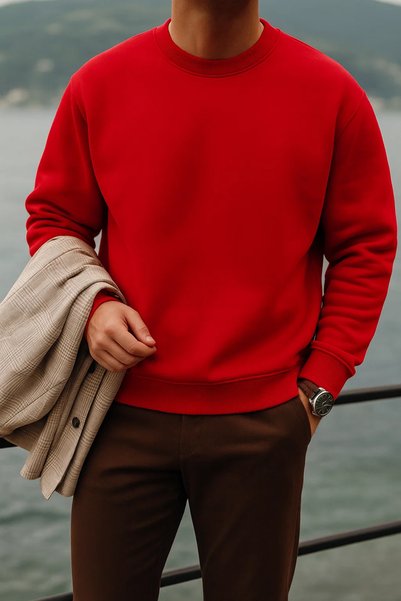 Men's Thick Crew Neck Loose Red Sweater