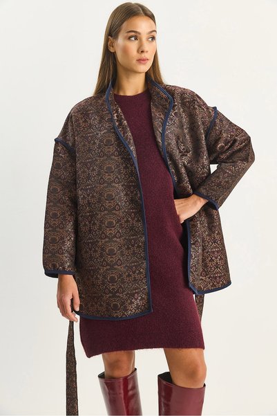 Women's Bitter Brown Ethnic Patterned Belted Oversize Kimono 4159 60283674