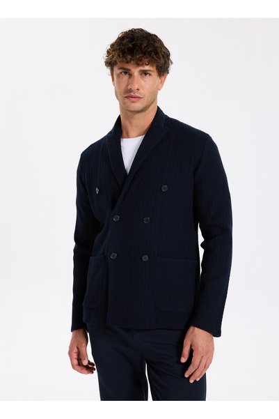 Navy Blue Men's Slim Fit Herringbone Jacket F5Wm-Ckt 2339