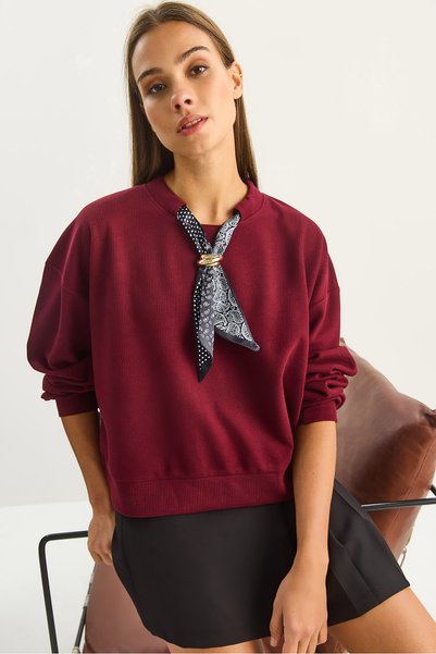 Women's Burgundy Scarf Detailed Cotton Ottoman Sweatshirt 6931 60283689