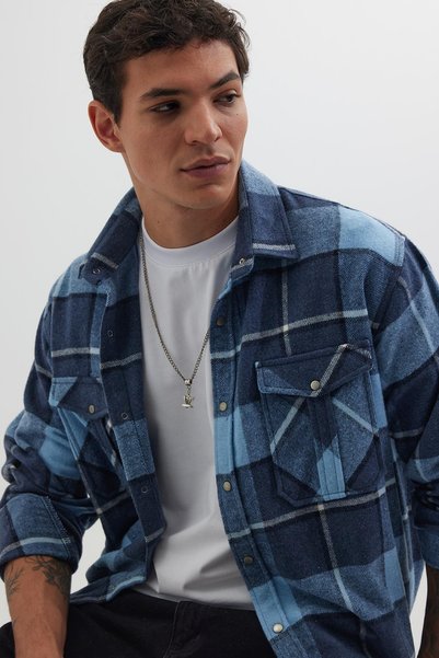 Men's Relax Fit Relax Cut Lumberjack Double Pocket Button Checked Winter Shirt