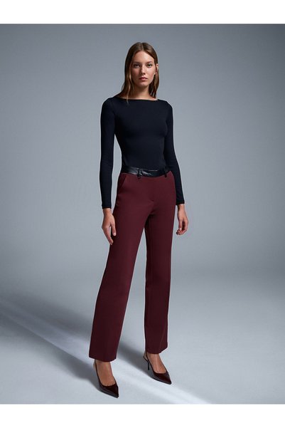 71603 Faux Leather Detailed Trousers-Burgundy