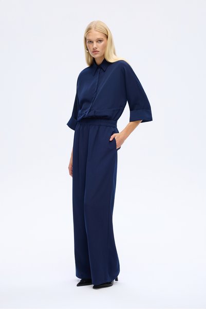Elastic Waist Wide Leg High Waist Trousers Navy Blue