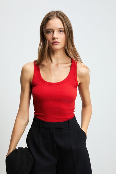 Lillesol Women's Ribbed Look Slim Fit Bodycon Crew Neck Cotton Basic Red Tank Top