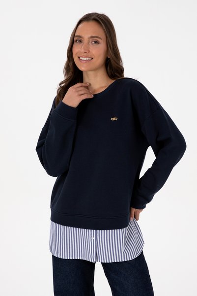 Women's Navy Blue Shirt Detailed Crew Neck Sweatshirt 50314211-Vr033