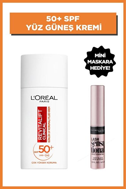 Revitalift Clinical витамин Ц 50+ SPF UV крема за сончање за лице и Maybelline Mini Lash Sensational маскара