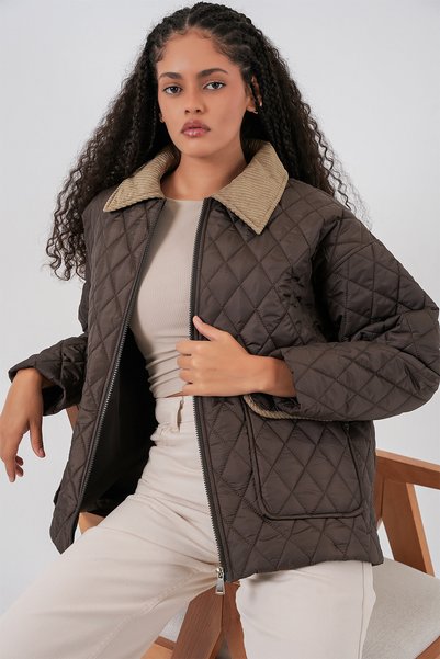 Women's Brown Beige Quilted Oversized Coat 5229