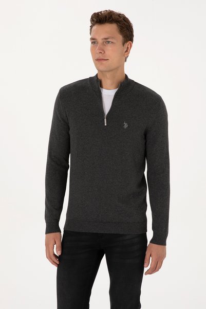 Men's Slim Fit Half Zip Anthracite Melange Basic Sweater 50313695-Vr081