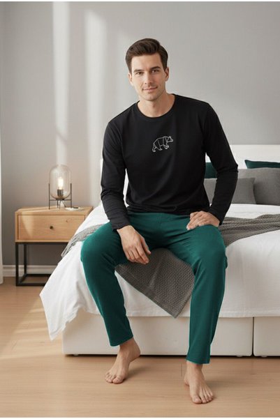 Navy Blue Green Embroidered Long Sleeve Plus Size Knitted Pajama Set7918