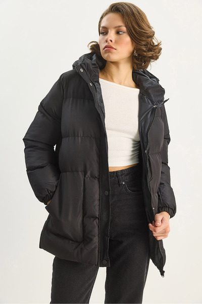 Women's Black Regular Fit Hooded Zippered Lined Pocket Puffer Coat 1400 60283685