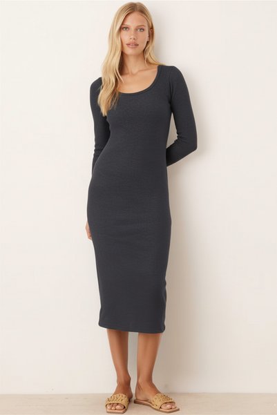 Women's Smoked U-Neck Long Dress Arm-26K001048