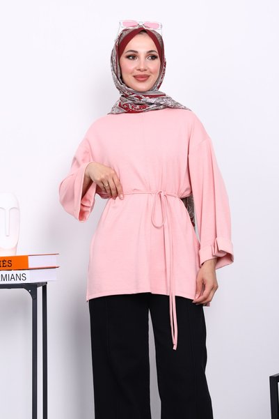 Pudra Yanları Slit Waist Drawstring Tunic