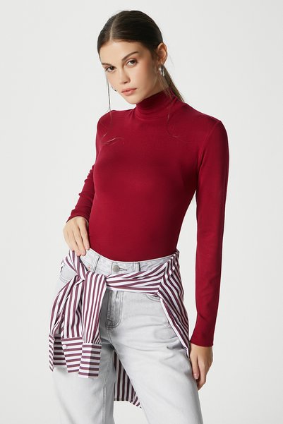 Women's Feel Lux Touch Mock Neck Burgundy Long Sleeve Soft Blouse