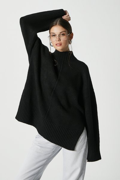 Women's Wonder Soft Mock Neck Black Slit Oversized Knitwear Sweater